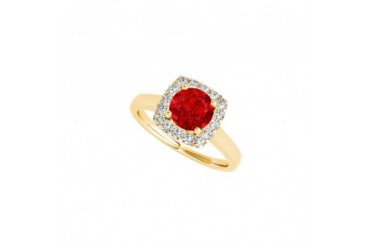Ruby and Cubic Zirconia Square Shape Halo Engagement Ring in 14K Yellow Gol