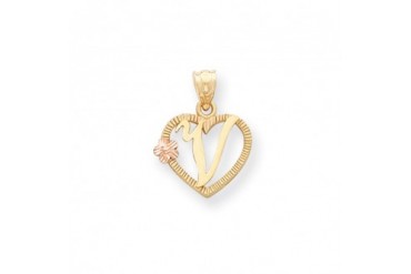 The Talia 15mm Script Initial V Heart Pendant in 14K Two-Tone Gold