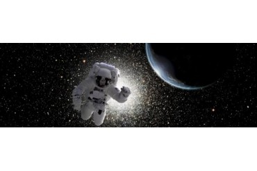 Astronaut floating in deep space with an Earth-like planet in background.