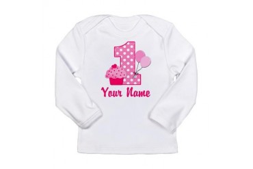 1st Birthday Pink Cupcake Long Sleeve Infant T-Shi