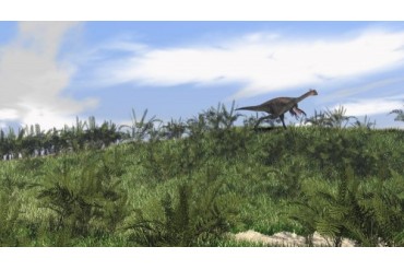 Gigantoraptor running across an open field.