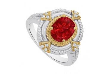Ruby and CZ Split Shank Fancy Ring in Two Tone Gold