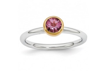 Two Tone Sterling Silver Stackable 5mm Round Tourmaline Ring