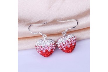 Heart Shaped Austrian Stone Drop Earrings -Dark Red