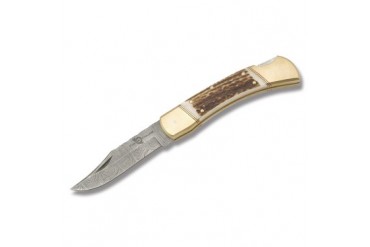 Fox-N-Hound Damascus Folding Hunter Lockback with Genuine Stag Handle