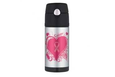 Pink Hearts and ribbons Breast cancer Thermos Bottle 12oz by CafePress