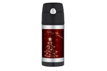 Red Golden Christmas Holiday Thermos Bottle 12oz by CafePress