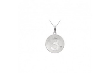 Single Diamond and Numeric 3 Engraved Disc Pendant in 14K White Gold