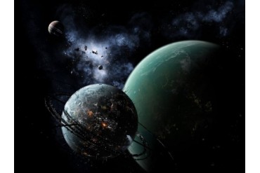 A massive space station orbits a large habitable moon.