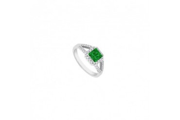 Square May Birthstone Emerald and Diamond Halo Engagement Ring in 14K White