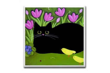 Black CAT, Flowers, Birds ART Tile Pets Tile Coaster by CafePress