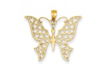 28mm Butterfly With Heart Filled Wings Pendant in 14K Yellow Gold