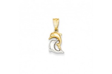 Small Two-tone Puffed Dolphins Pendant In 14K Yellow And White Gold