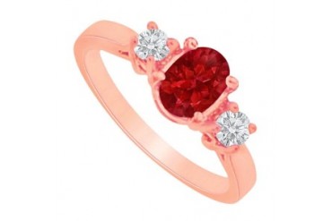 Oval Ruby and CZ in Three Stones Ring 14K Rose Gold