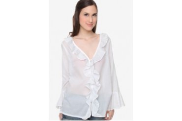 WHITE VOILE RUFFLED TUNIC LONG SLEEVE