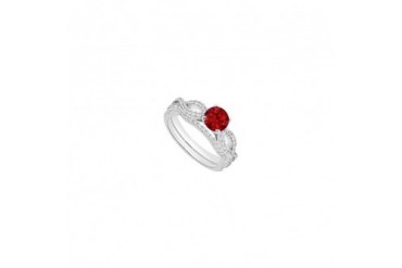 Cubic Zirconia and Created Ruby Engagement Ring with Cubic Zirconia Bands i