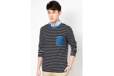 Kei&Kori Long Sleeve Stripe Tee With Contrast Denim Pocket