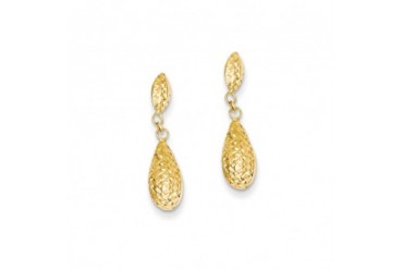 Diamond Cut Puffed Teardrop Dangle Earrings 14 Karat Yellow Gold