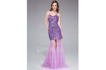 Trumpet/Mermaid Halter Sweep Train Tulle Charmeuse Sequined Prom Dress With Beading (018045979)