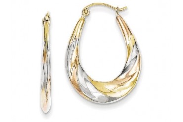 10k White Rose Rhodium Oval Scalloped Hollow Hoop Earrings
