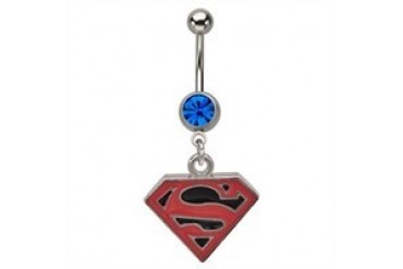 DC Comics Superman Superboy Logo Dangle Blue Gem Stainless Steel Belly Ring