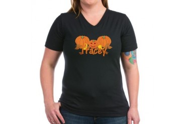 Halloween Pumpkin Tracey Women's V-Neck Dark T-Shi Baby Women's V-Neck Dark T-Shirt by CafePress