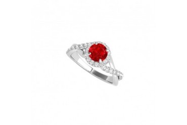 Ruby and CZ Criss Cross Halo Ring in 14K White Gold