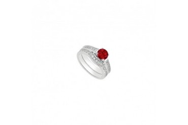 Created Ruby Engagement Ring with Cubic Zirconia Wedding Bands in White Gol