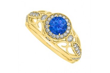 Diamonds Sapphire 14K Yellow Gold Filigree Halo Ring