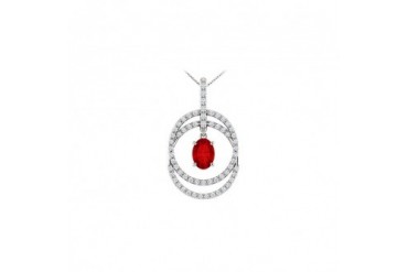 July Birthstone Oval Ruby and CZ Double Row Circle Pendant 14K White Gold 1