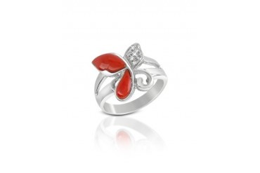 Diamond and Red Coral Butterfly 18K Gold Ring