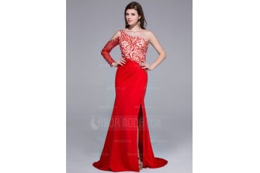 Trumpet/Mermaid One-Shoulder Sweep Train Charmeuse Jersey Prom Dress With Beading Split Front (018025647)