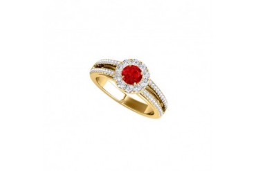 Yellow Gold Halo Ring with Ruby and Cubic Zirconia