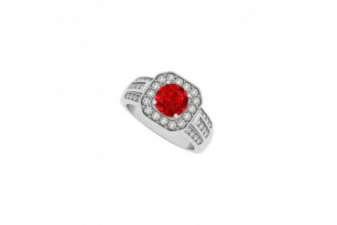 Square Halo Three Rows Cubic Zirconia and Round Ruby Fashion Ring