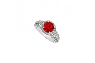 Round Ruby and Triple Row of Cubic Zirconia Split Shank Halo Engagement Rin